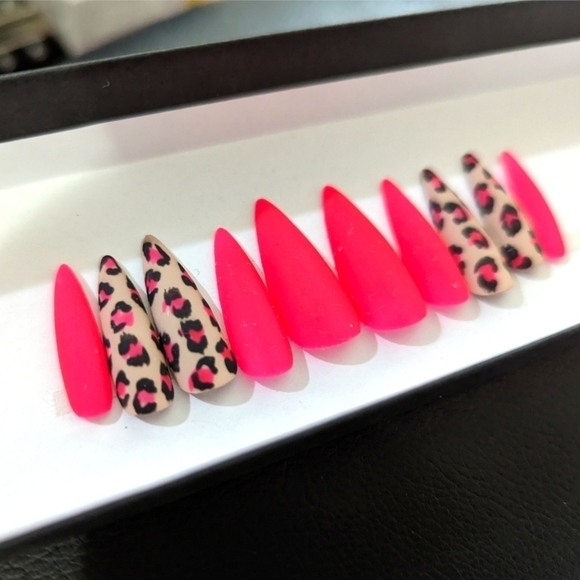 New Leopard Print Stiletto Nails Handpainted Custom Made Press Ons Neon Nails - Picture 1 of 4